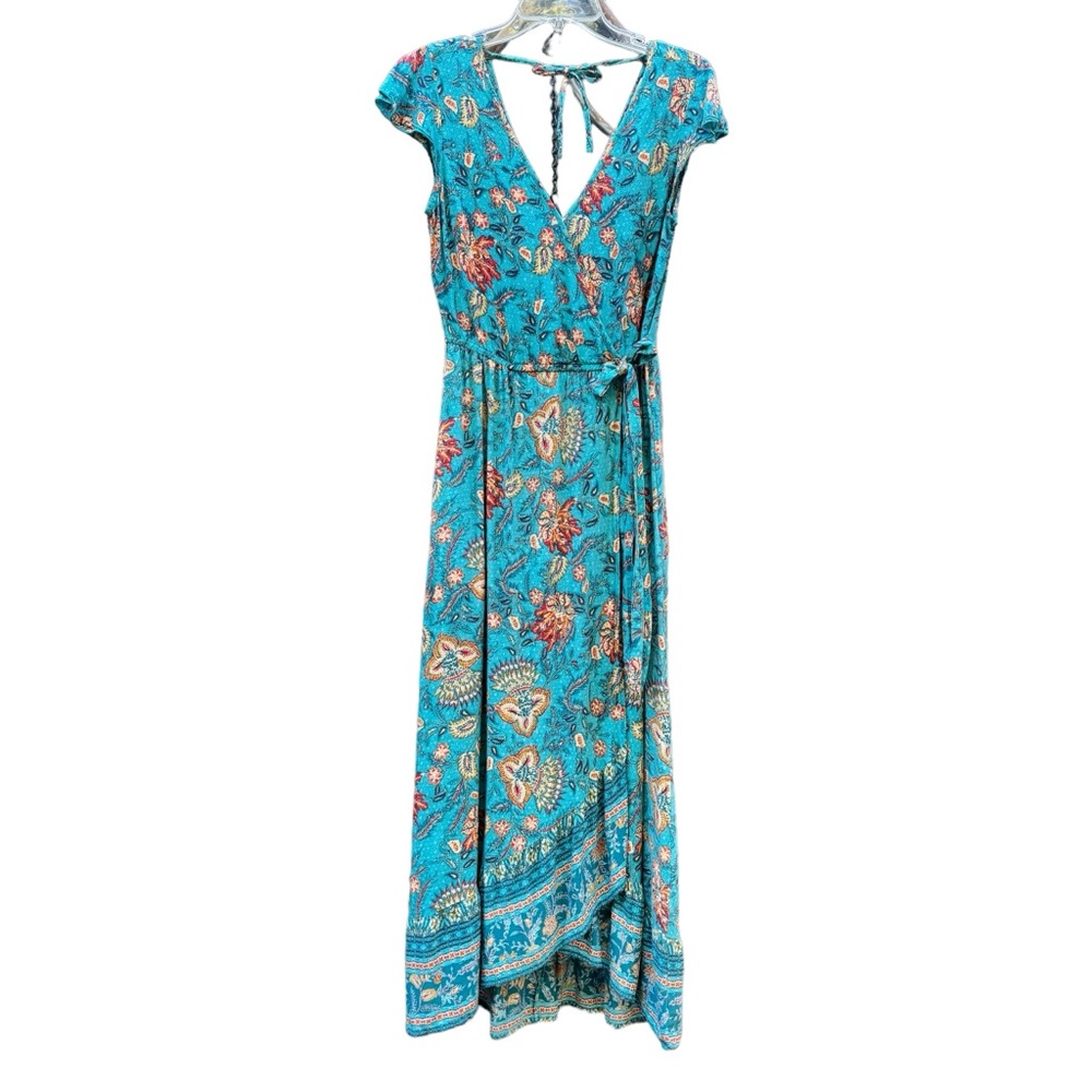 Band Of The Free Maxi Dress Blue Floral Double V Neck Faux Wrap Pockets Size M - Picture 2 of 11